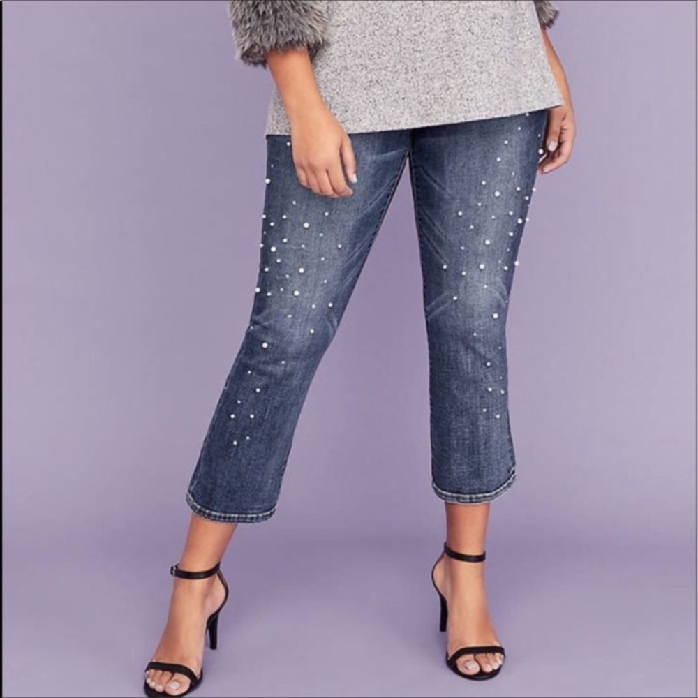 Lane Bryant Kick Boot Crop Jeans Capri Size 26 Pearl Rhinestone Embellished NWT